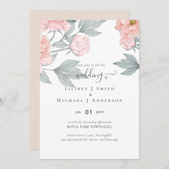 Peach Peonies Sage Floral Budget Boda (Anverso / Reverso)