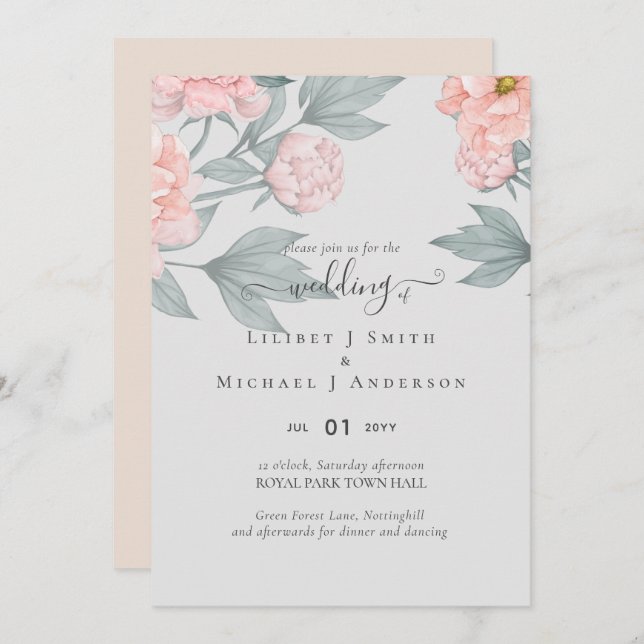 Peach Peonies Sage Floral Budget Boda (Anverso / Reverso)