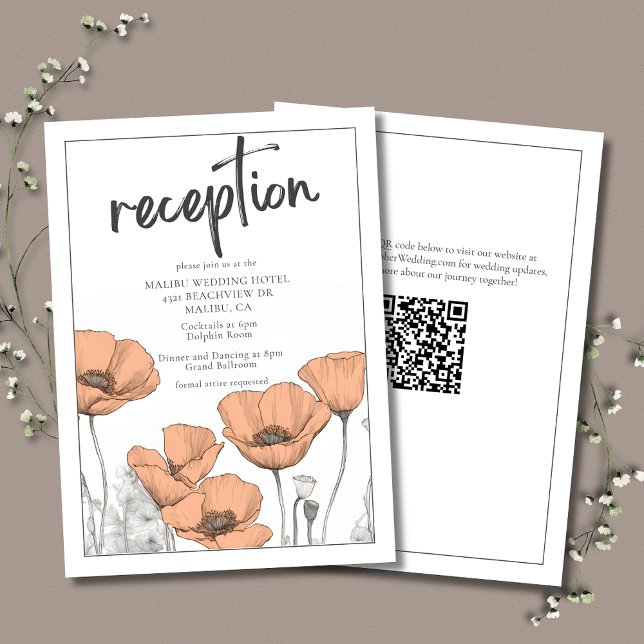 Peach Poppies Elegant Floral Wedding Recepción (Peach Poppies Wedding Reception Enclosure Card with QR Code for Wedding Website.)