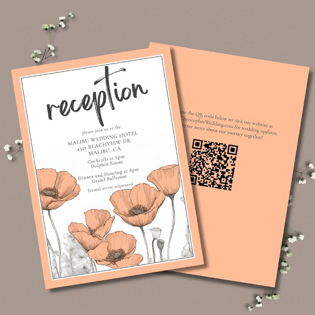 Peach Poppies Floral Elegante Recepción de Bodas (Peach Floral Wedding Reception Enclosure Card with California Poppies and QR Code.)