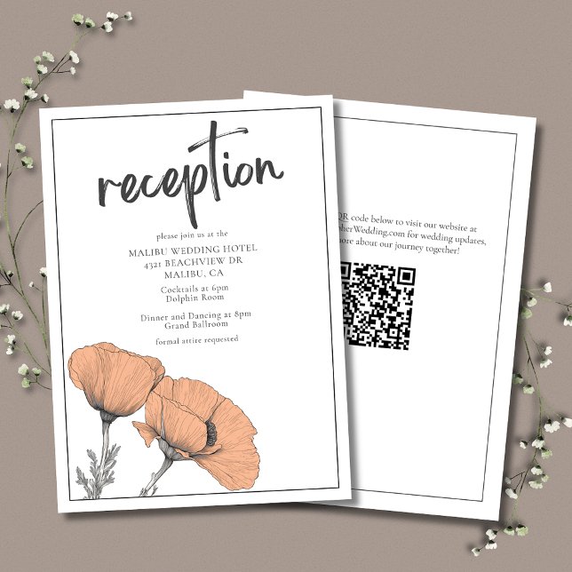 Peach Poppies Floral Elegante Recepción de Bodas (Peach Poppies Elegant Wedding Reception with QR Code for Wedding Website. )