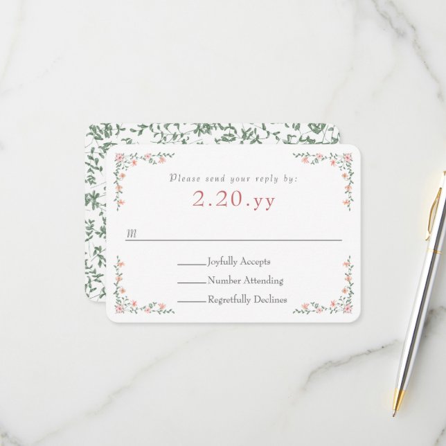 Peach Rose Vine Border Wedding RSVP Card (Anverso/Reverso In Situ)