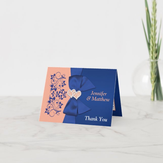 Peach, Royal Blue Floral Boda Gracias Nota (Anverso)