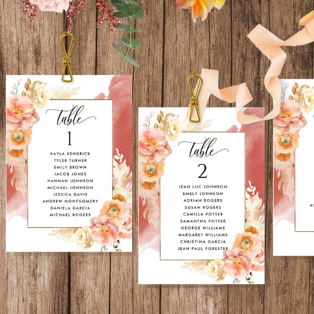Peach, Rust Seating Plan Cards with Guest Names (Subido por el creador)