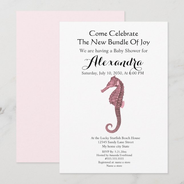 Peach Seahorse Chica Rosa Floral Baby Shower (Anverso / Reverso)