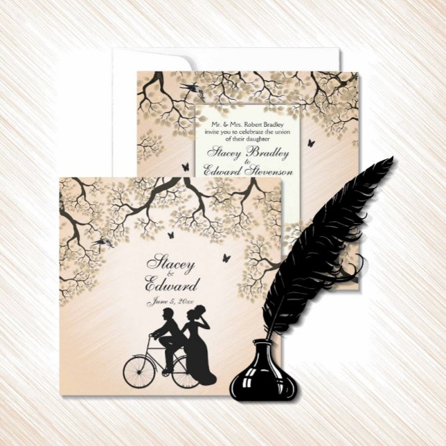 Peach Theme Wedding Invitación (Quaint bicycle wedding invitation)
