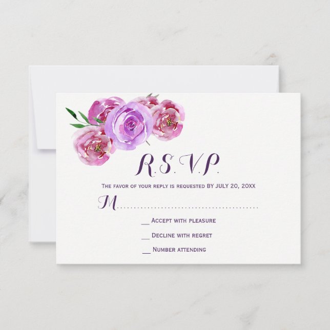 Peach violet plum peonies floral boda RSVP (Anverso)