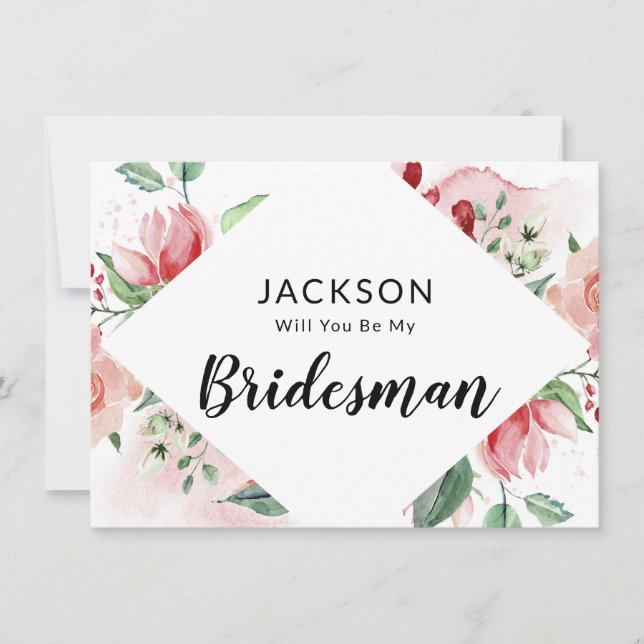 Peach Watercolor Floral Bridesman Propuesta Card (Anverso)