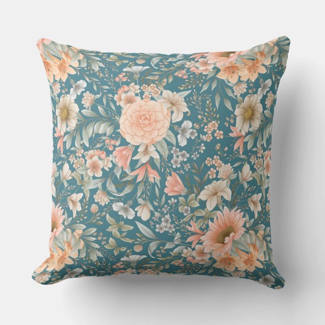 Peach y Blue Floral en Cojín decorativo Verde azul (Anverso)