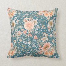 Peach y Blue Floral en Cojín decorativo Verde azul