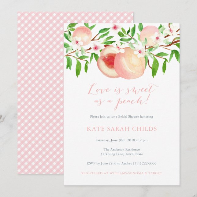 Peaches Watercolor Bridal Shower Invitaciones (Anverso / Reverso)