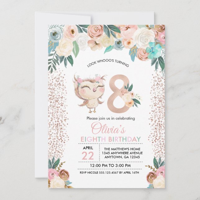 Peachy Owl Octava Invitación a Cumpleaños (Anverso)