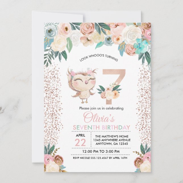 Peachy Owl Séptima Invitación de Cumpleaños (Anverso)