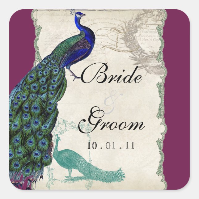 Peacock de época 5 - Sello o Pegatina Boda (Anverso)