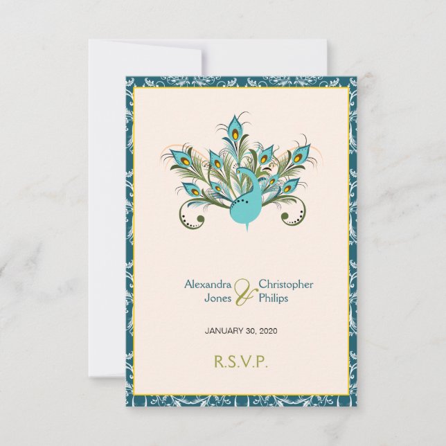 Peacock Feathers Damask Wedding RSVP (Anverso)