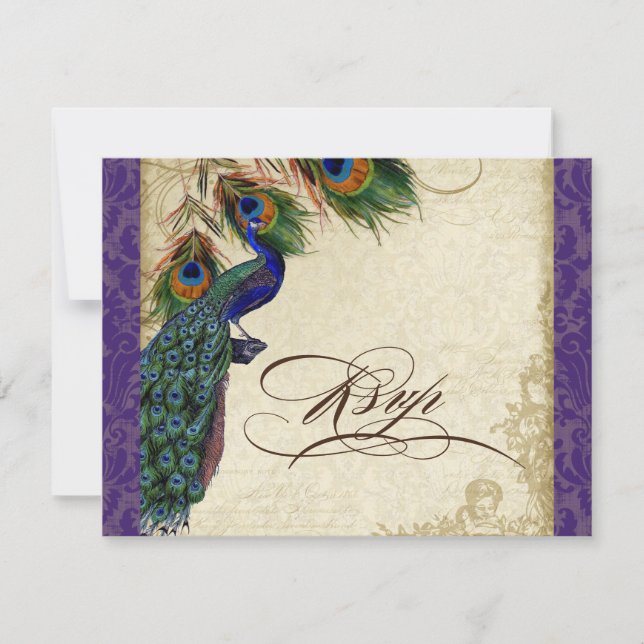 Peacock & Feathers Respuesta formal RSVP Púrpura (Anverso)