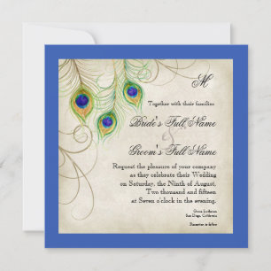 Peacock Feathers Royal Blue Wedding Invitación