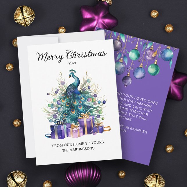 Peacock Feliz Navidad Azul morado Verde azulado (Elegant purple, green, and teal peacock Christmas greeting card.)