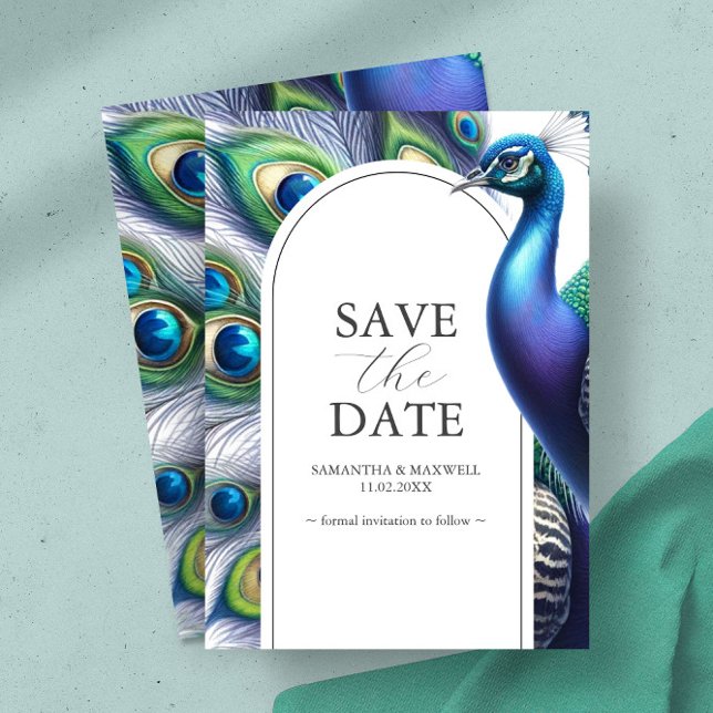 Peacock Guardar Las Invitaciones Del Boda De Fecha (Save the date invitation card features peacock in shades of blue, green and purple)