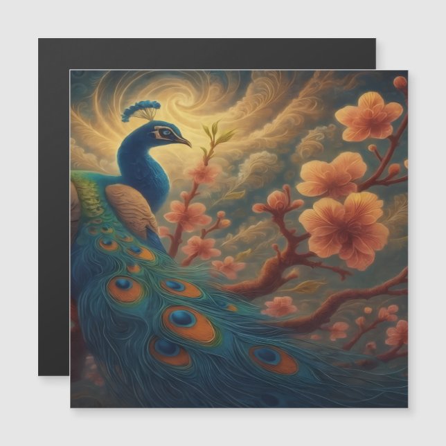 Peacock in Blossom Magnet Card (Anverso/Reverso)