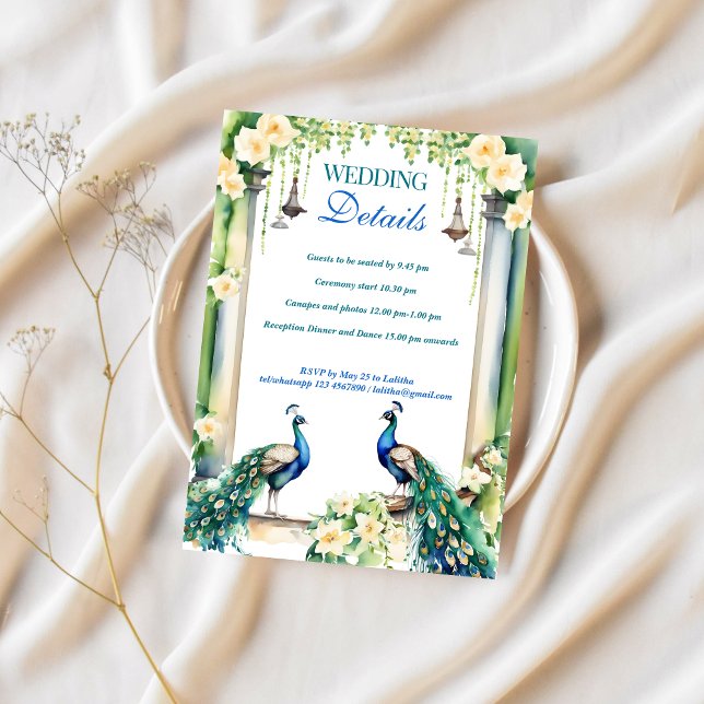 Peacock jasmine boda indio detalla tarjeta RSVP (Indian wedding RSVP wedding details card template instant digital download peacock jasmine garden)