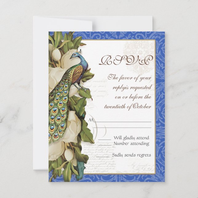 Peacock Magnolia Floral Swirl Damask Wedding RSVP (Anverso)