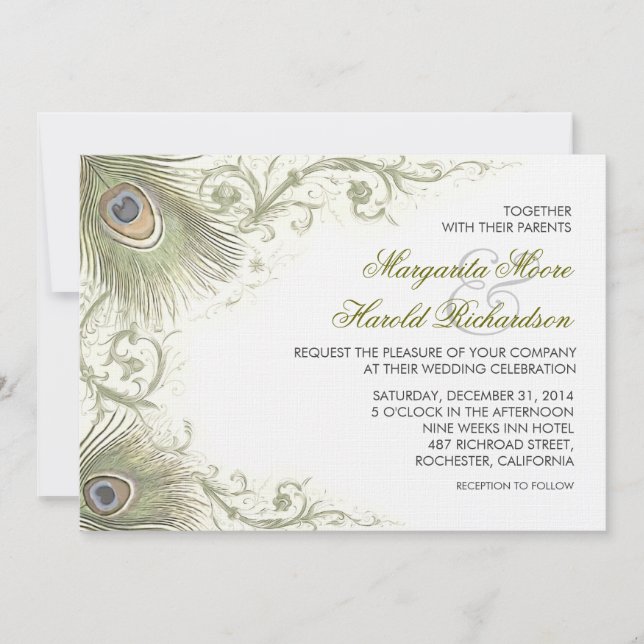 peacock plumas invitaciones de bodas vintage (Anverso)