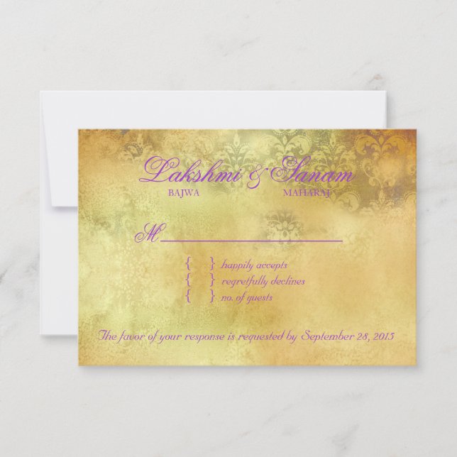 Peacock RSVP Boda Reply Card Cream Purple (Anverso)