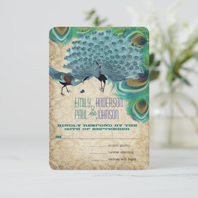 Peacocks vintage con Feathers RSVP (Anverso de pie)