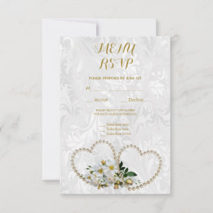 Pearl Hearts & Flowers Damask Menú de Boda RSVP