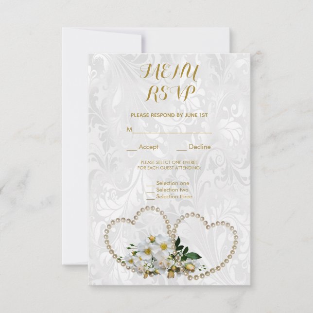 Pearl Hearts & Flowers Damask Menú de Boda RSVP (Anverso)