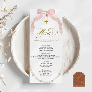 Pearl Pink Boho First Holy Communia Menu Card