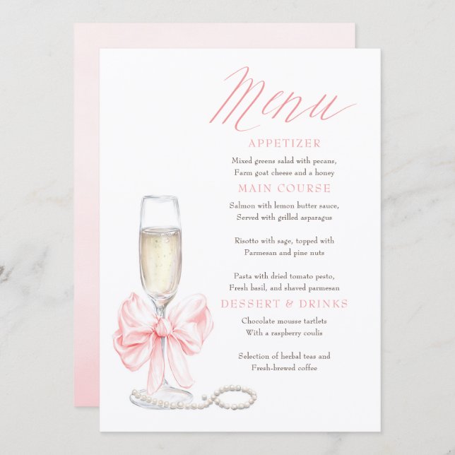Pearls and Prosecco Whimsical Chic Menu Cards (Anverso / Reverso)
