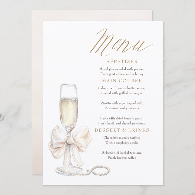 Pearls and Prosecco Whimsical Chic Menu Cards (Anverso / Reverso)