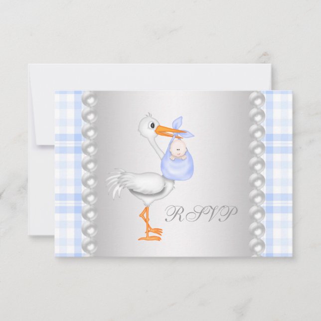 Pearls Blue Gingham Stork Baby Shower RSVP (Anverso)