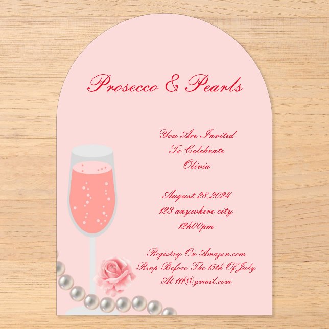 PEARLS & PROSECCO BRIDAL SHOWER INVITACIÓN ROSA (Anverso)