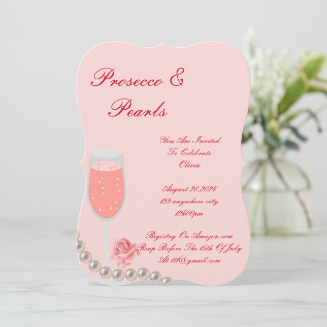 PEARLS & PROSECCO BRIDAL SHOWER INVITACIÓN ROSA (Anverso de pie)
