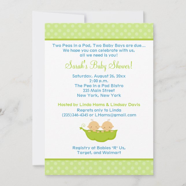 Peas en un Pod Twin Boys 5x7 Invitación Baby Showe (Anverso)
