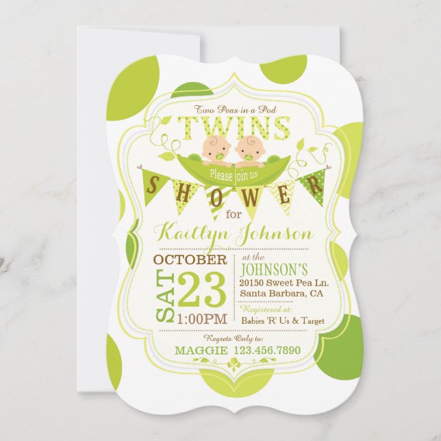 Peas en una invitación de Baby Shower de Pod Twins (Anverso)