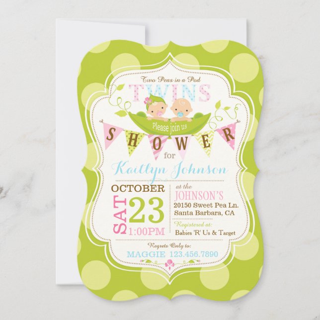 Peas en una invitación de Baby Shower de Pod Twins (Anverso)