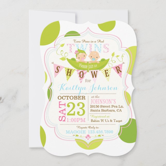 Peas en una invitación de Baby Shower de Pod Twins (Anverso)