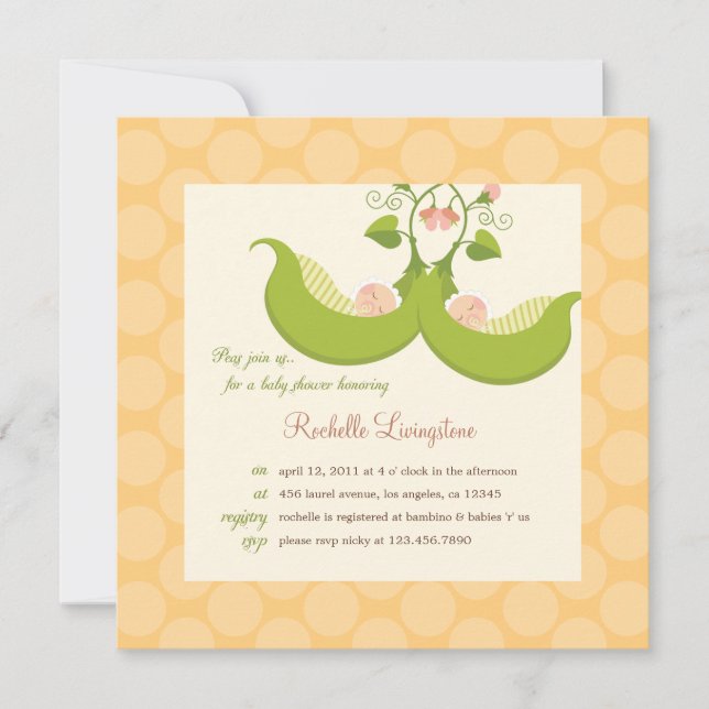 Peas en una invitación de Baby Shower de Pod Twins (Anverso)