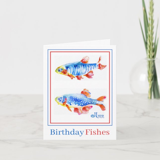Peces de cumpleaños 4x5.6 Tarjeta plegada, acuarel (Anverso)