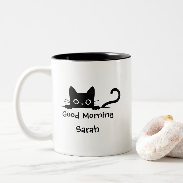 Peeking Black Cat Mug - Copa de café de texto Pers (Con donut)