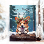 Peeking Corgi Winter Wonderland Feliz Navidad<br><div class="desc">Esta adorable tarjeta de felicitación navideña incluye un bonito ilustracion de perro Corgi con una corona festiva de flores de invierno, azufre, pino y bayas, con copos de nieve cayendo suavemente contra un bosque de nieve de las Maravillas de Invierno. ¡El Corgi está mirando sobre el tronco nevado para saludar!...</div>