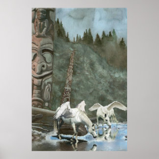 Pegasi sagrado, río y tótem poles fantasía arte