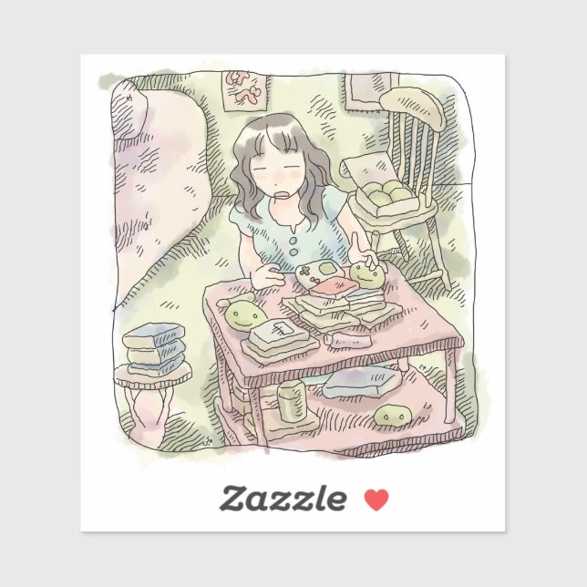 PEGATINA さないやじ　散らかったお部屋の雑貨の置いてある棚を片付ける女性のイラスト (Hoja)