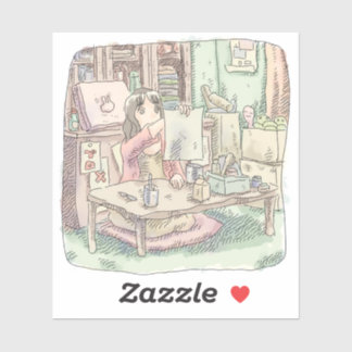 PEGATINA さなししじ 部屋で茶色い机の前に座って書き上げた紙を持っている女性のイラスト