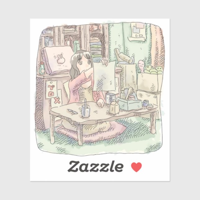 PEGATINA さなししじ　部屋で茶色い机の前に座って書き上げた紙を持っている女性のイラスト (Hoja)