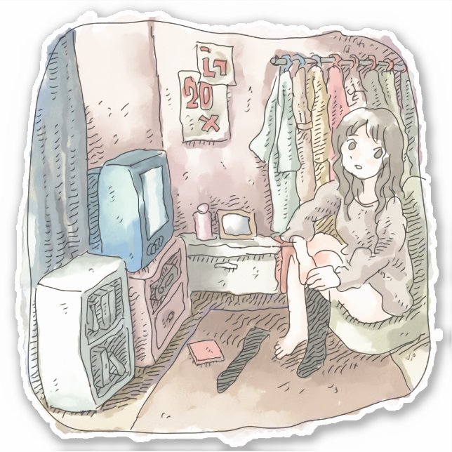 PEGATINA さやしくじ　衣類のかけてある部屋の座椅子に座ってテレビを見ながら靴下をはいている女性のイラスト (Anverso)